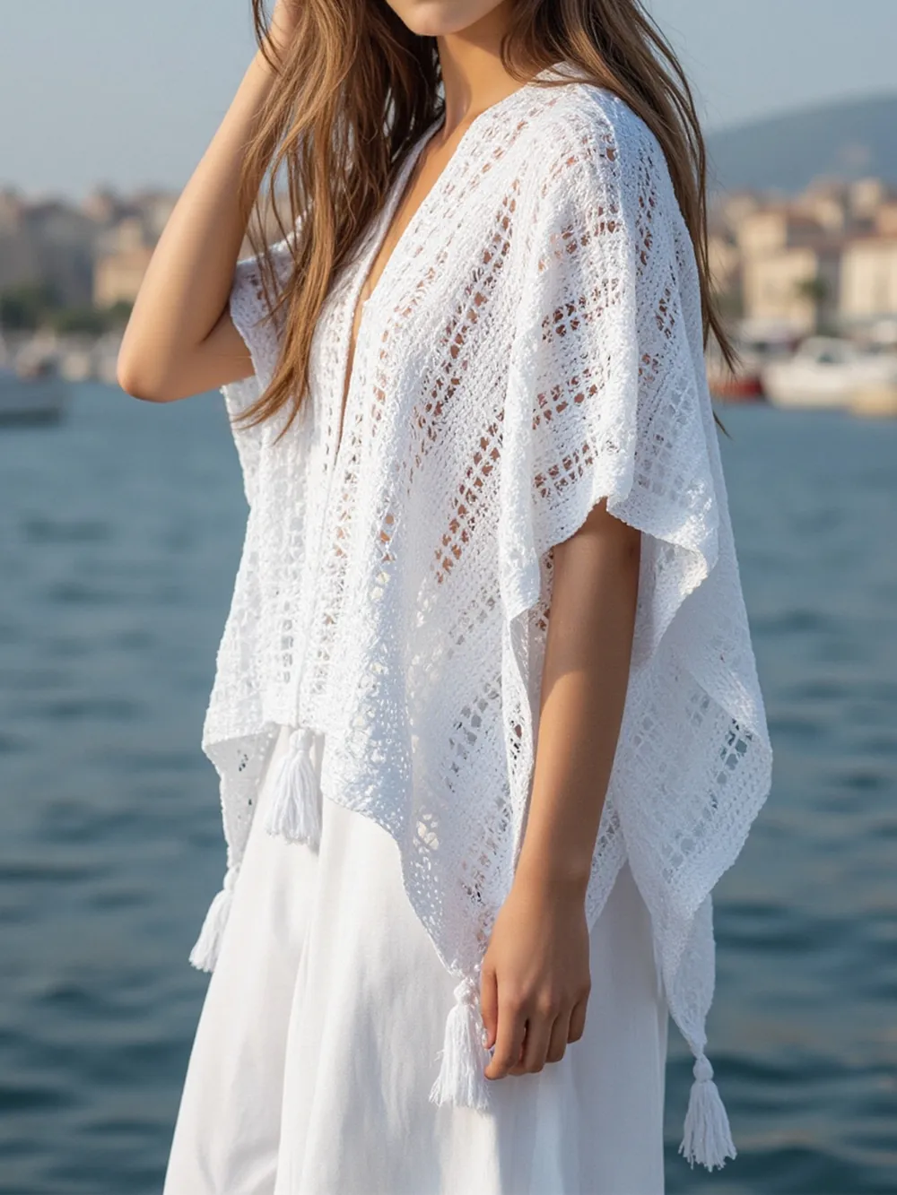 Openwork Tassel Open Front Knit Cover Up, image 3
