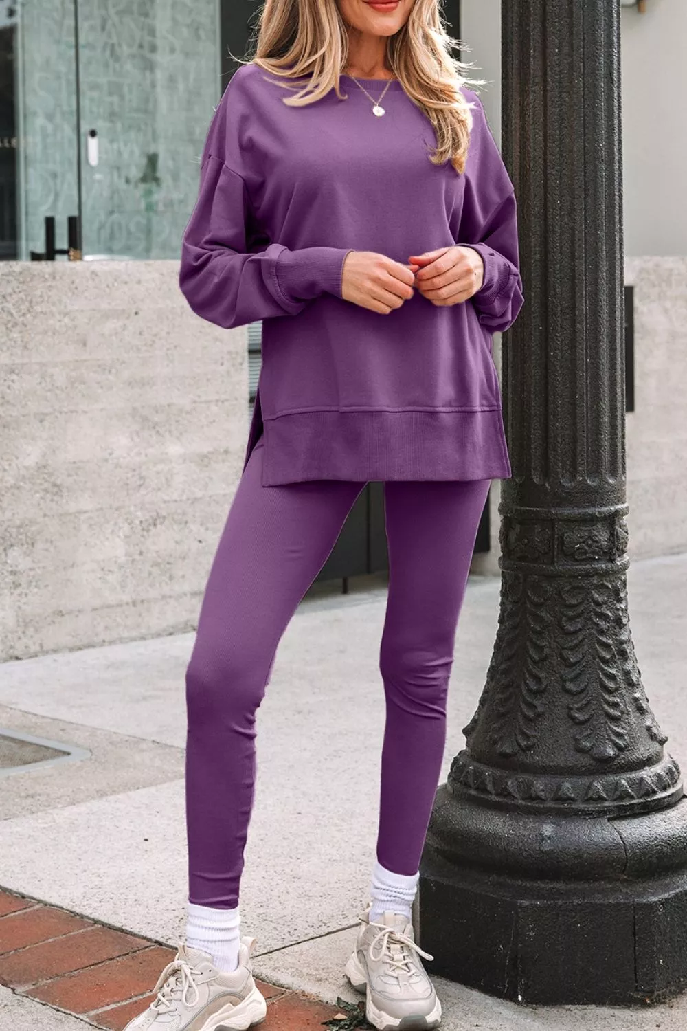 Side Slit Long Sleeve Sweatshirt and Pants Set, image 2