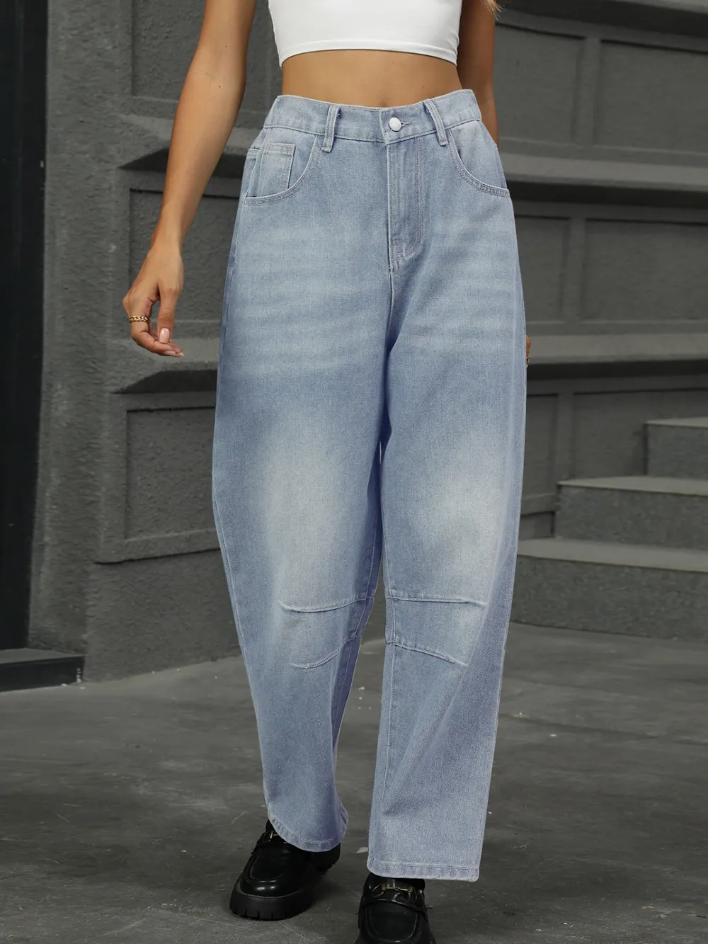 Half Elastic Waist Straight Leg Jeans, image 4