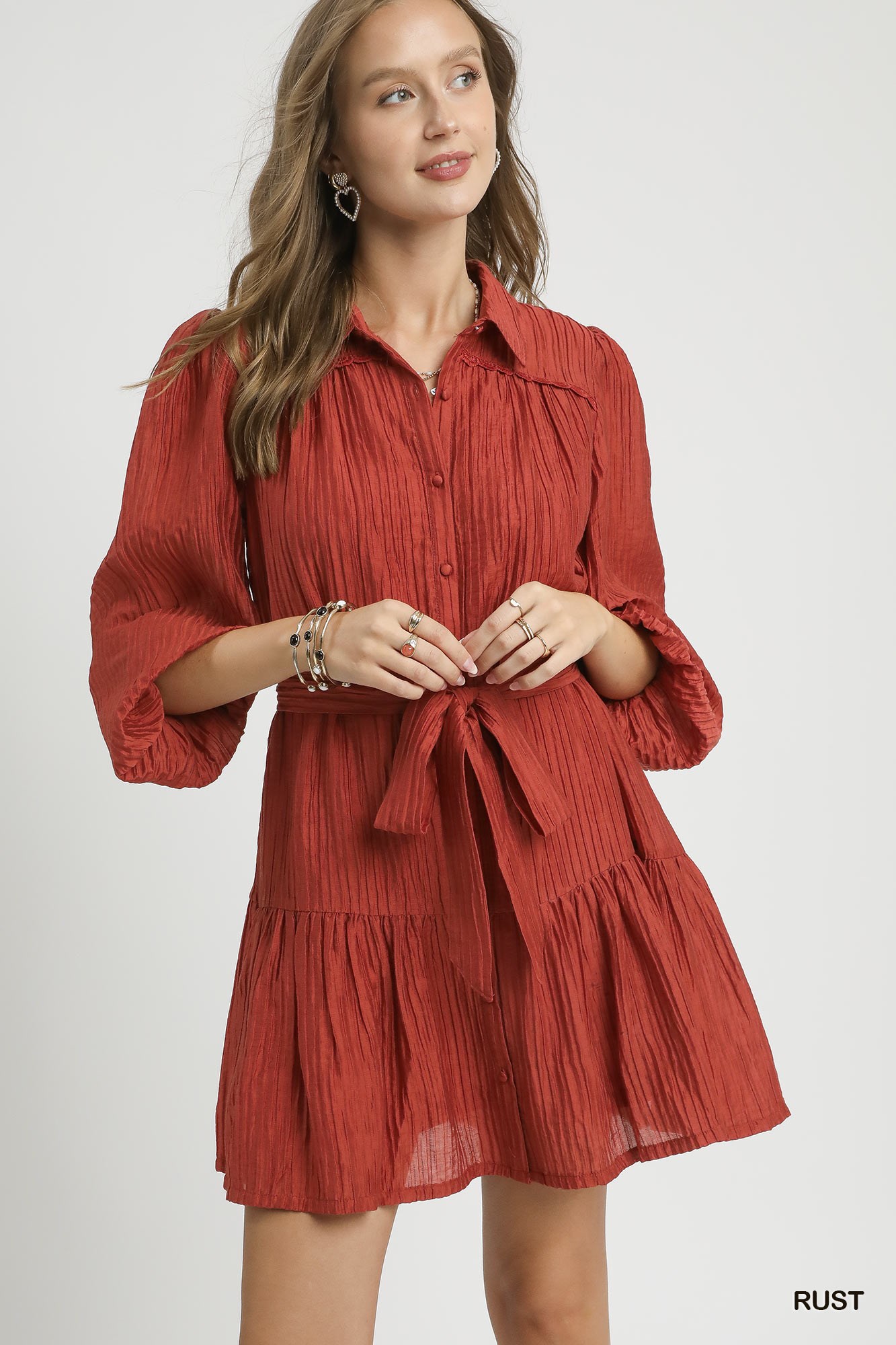 Crinkle Button-Front Tiered Mini Dress with Waist Tie