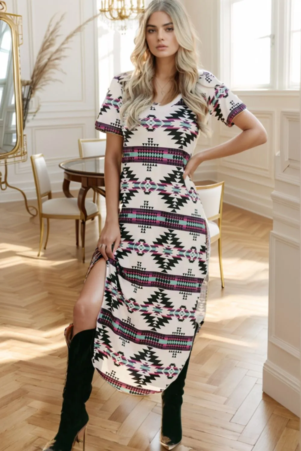 Aztec Print V-Neck Midi Dress, image 2