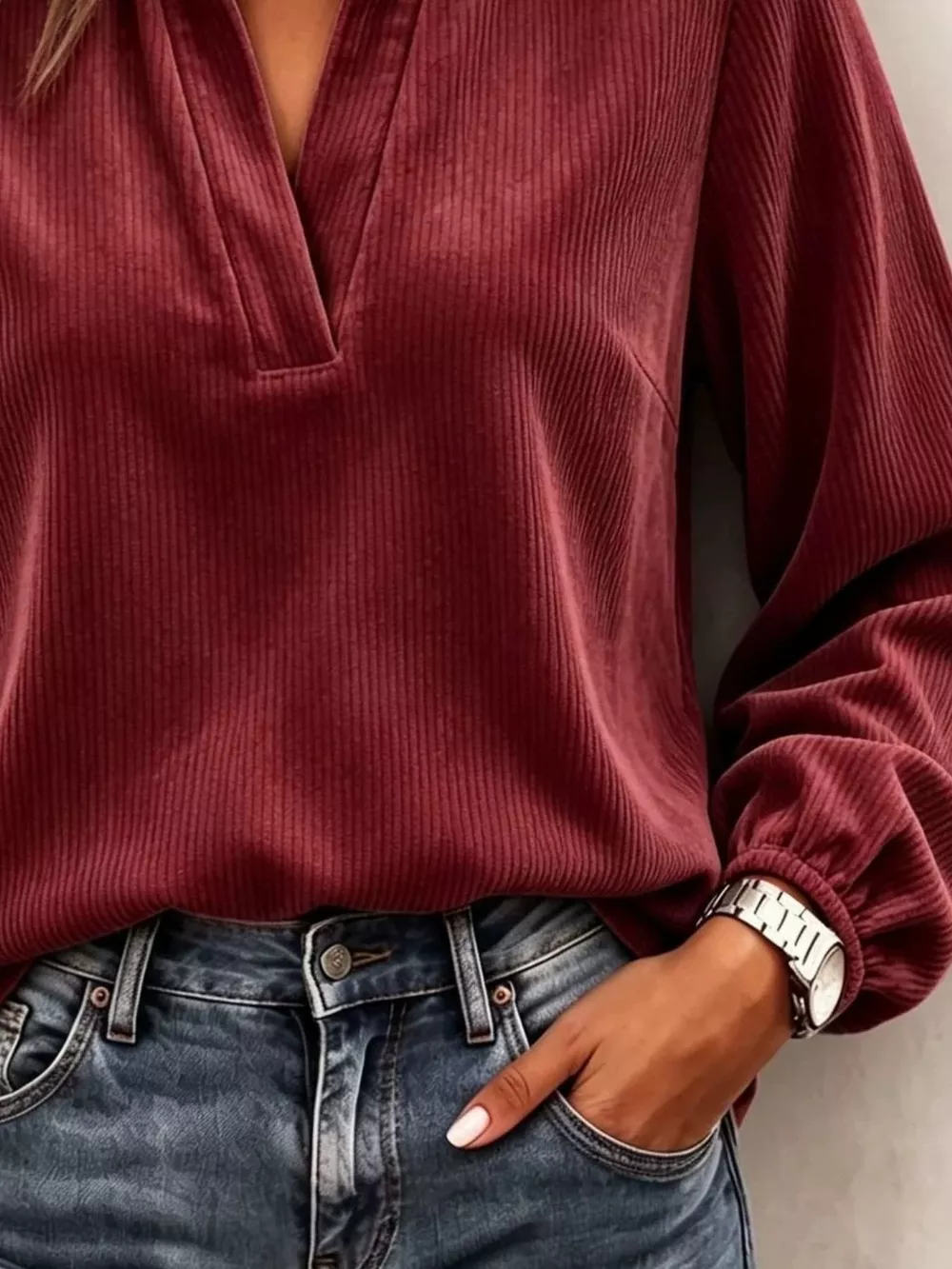 Full Size Corduroy Notched Long Sleeve Top Plus Size, image 12