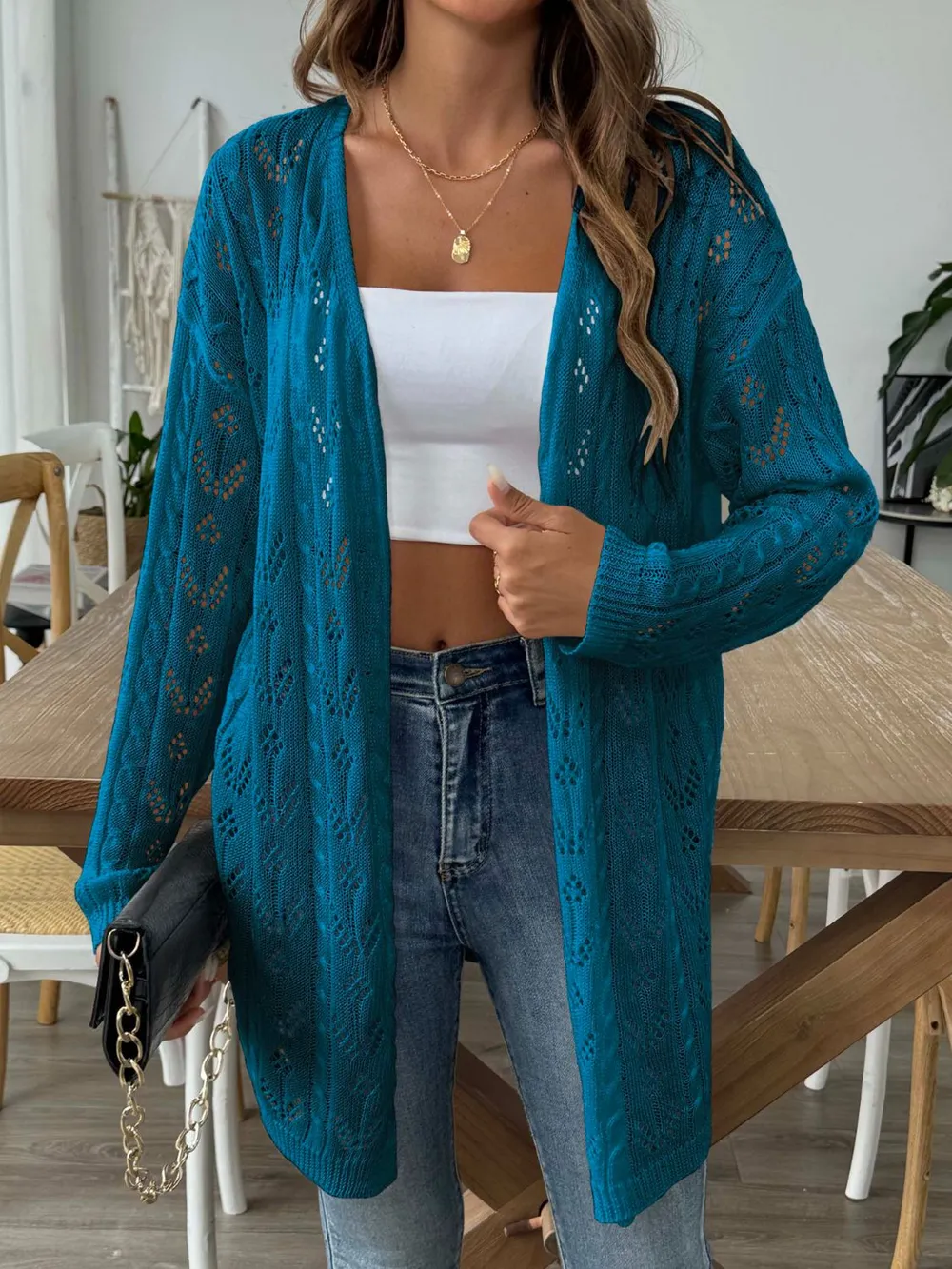 Openwork Open Front Long Sleeve Cardigan, image 15