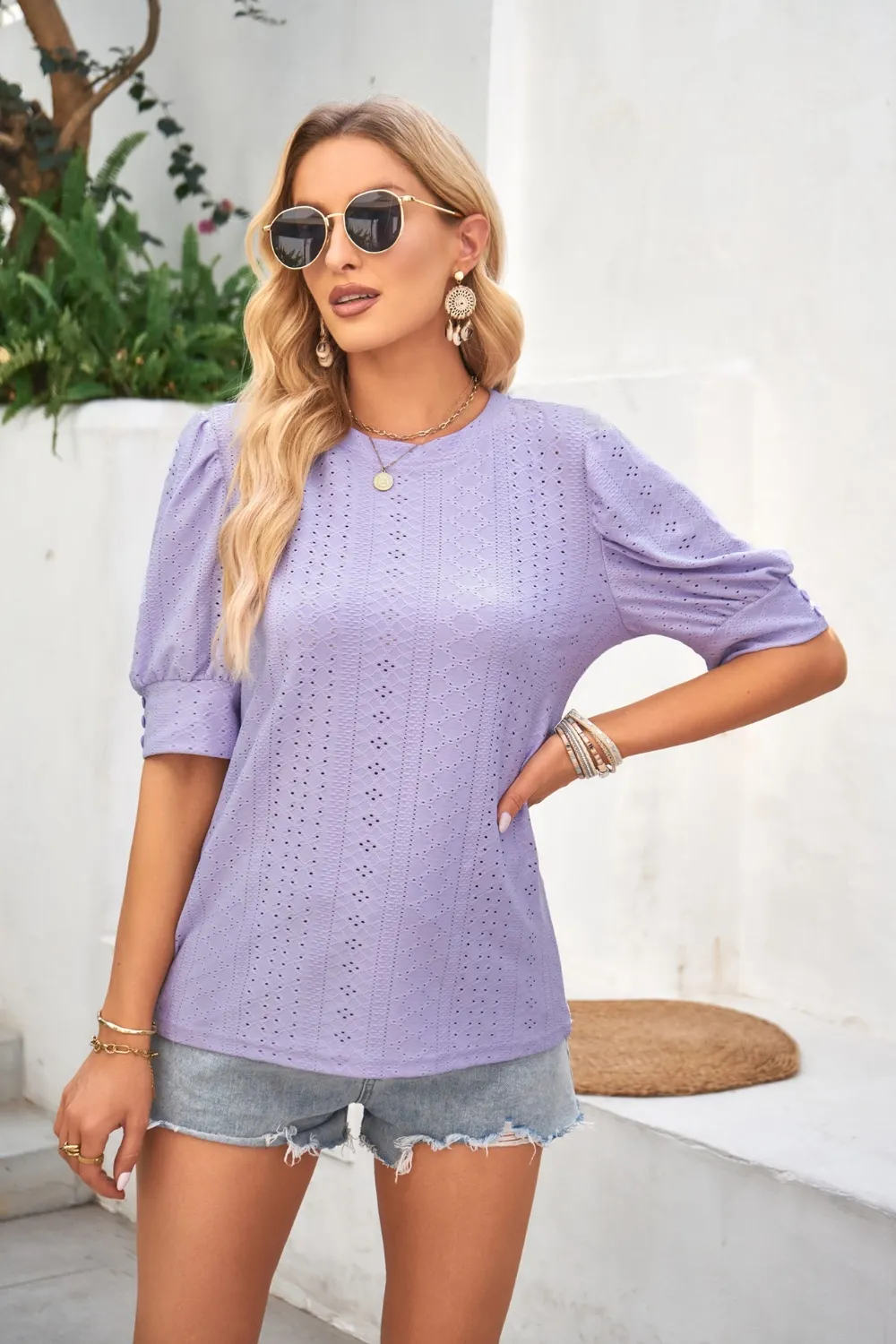 Openwork Round Neck Short Sleeve Blouse, image 3