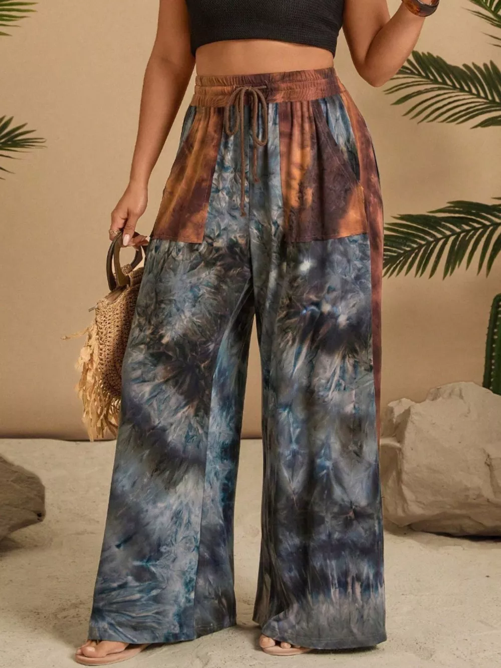 Full Size Tie-Dye Wide Leg Casual Pants Plus Size, image 2