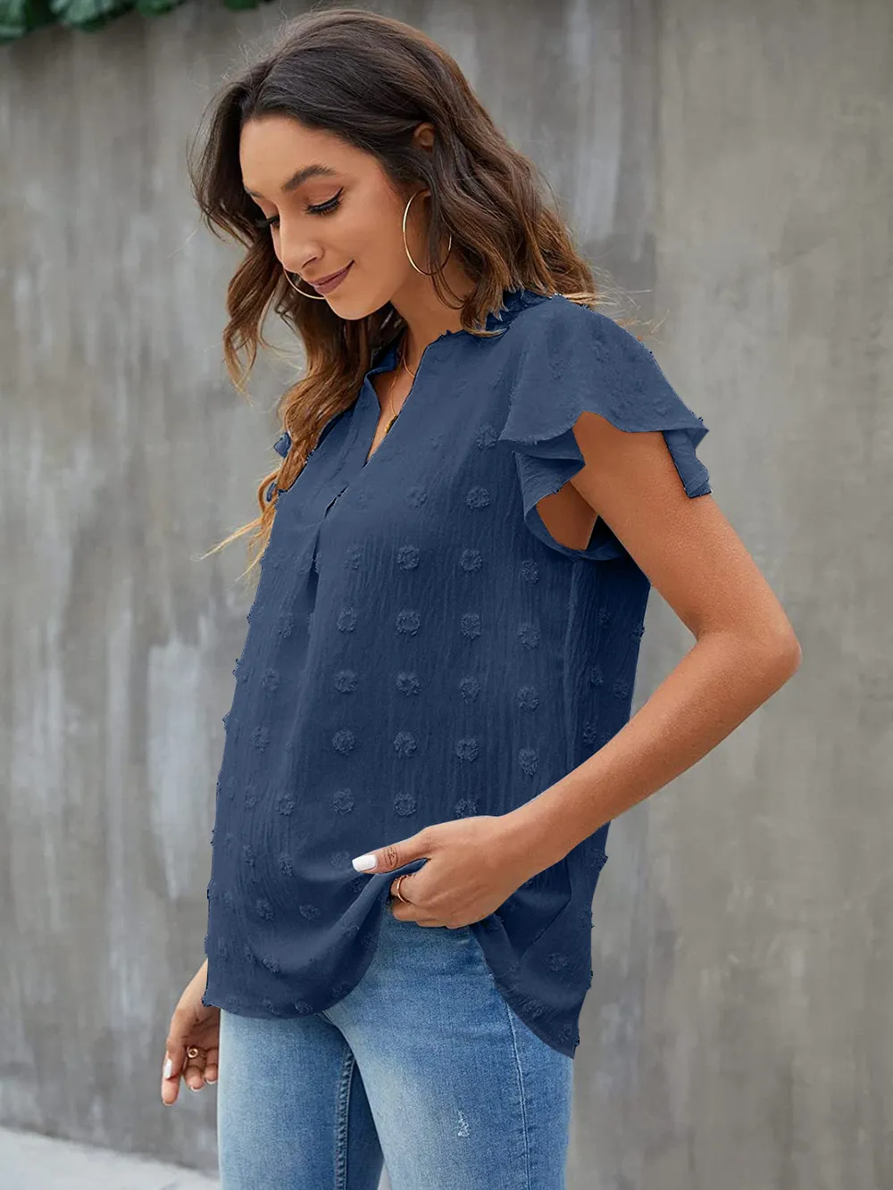 Swiss Dot Notched Flutter Sleeve Blouse, image 3