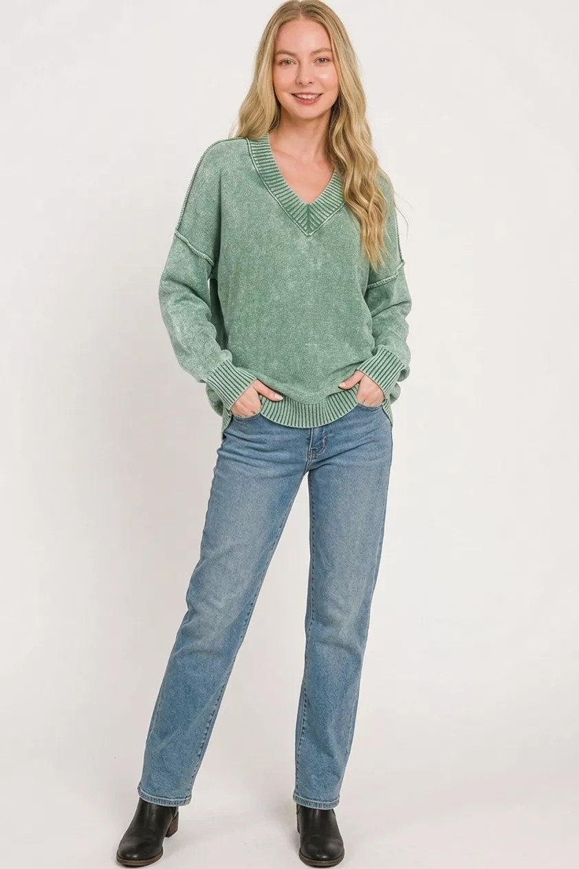 Zenana Washed Deep V-neck Oversized Sweater, image 3