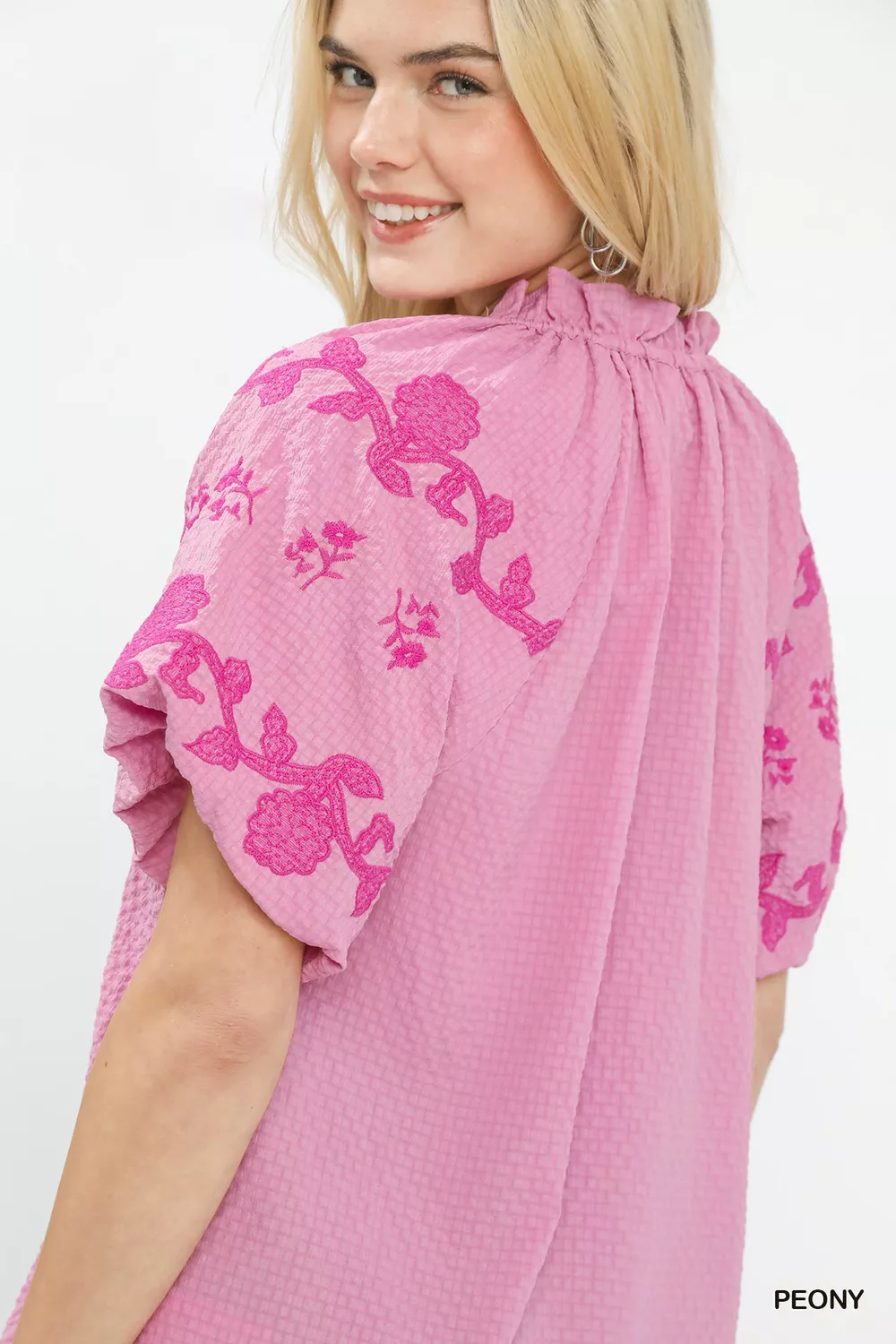 Embroidered Textured Flutter Sleeve Top, image 4