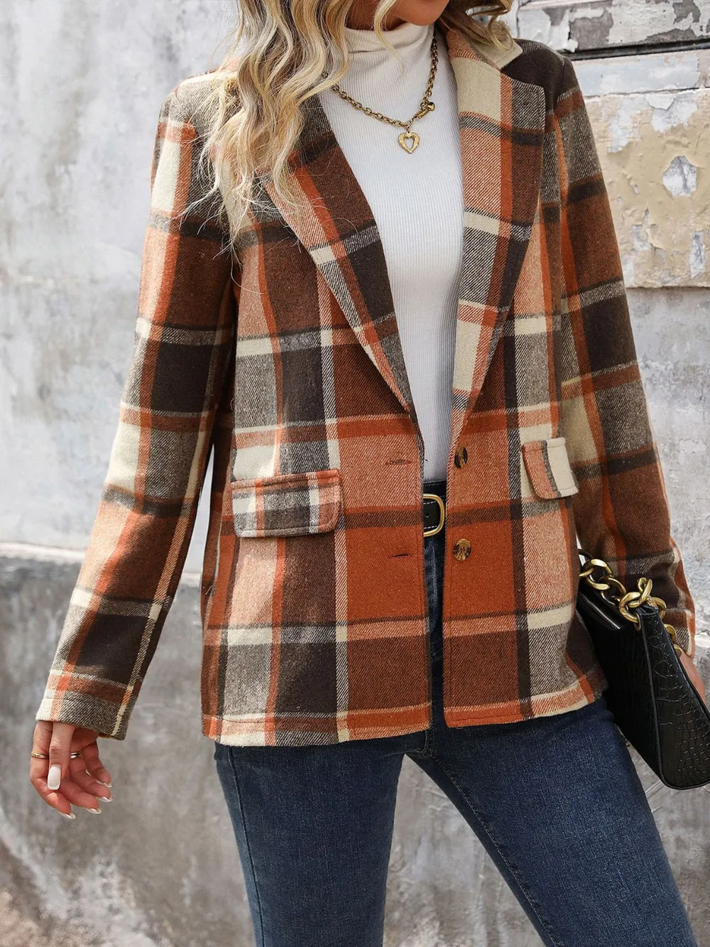 Plaid Button Down Lapel Collar Blazer, image 2