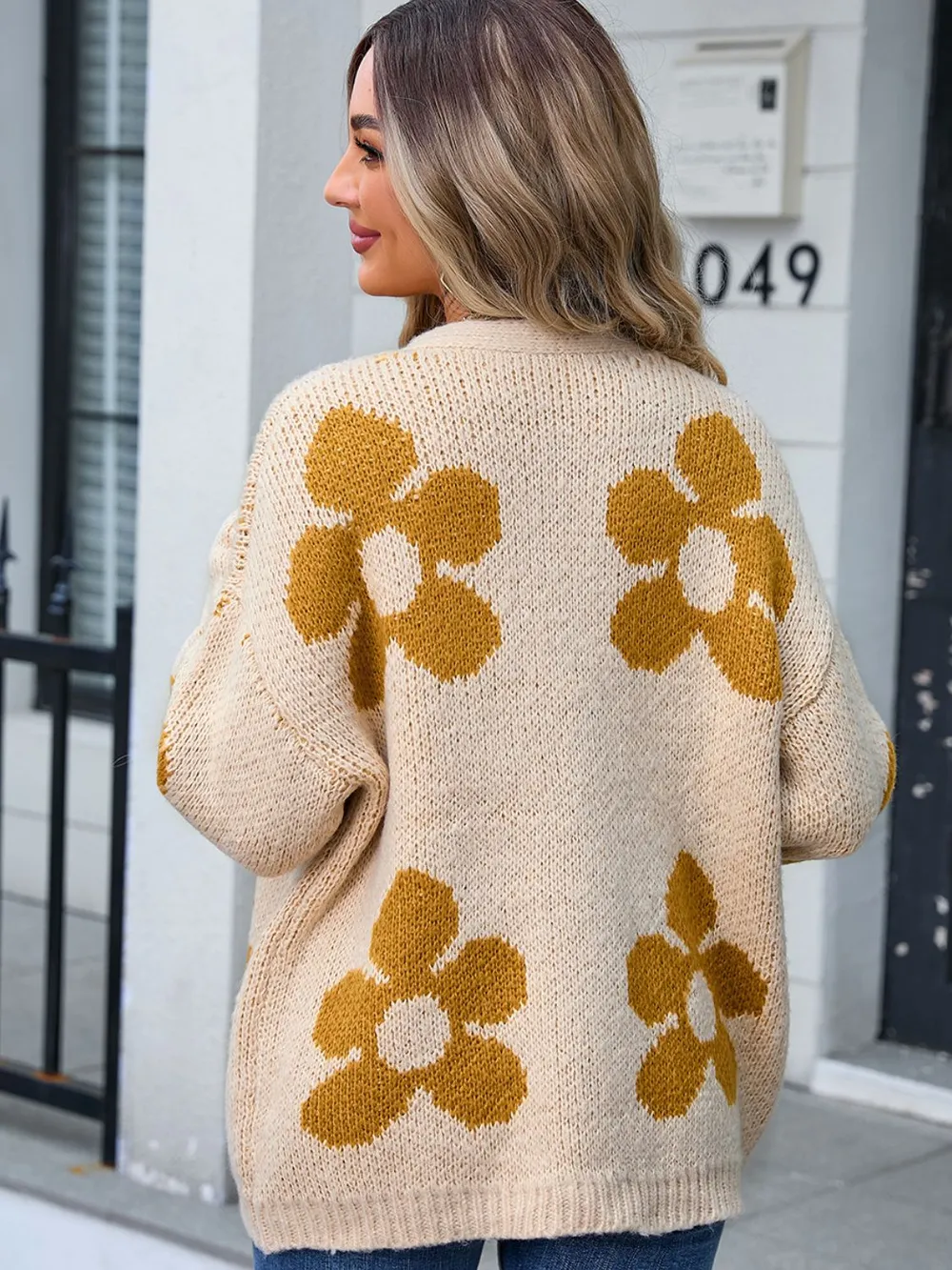 Flower Open Front Long Sleeve Cardigan, image 3