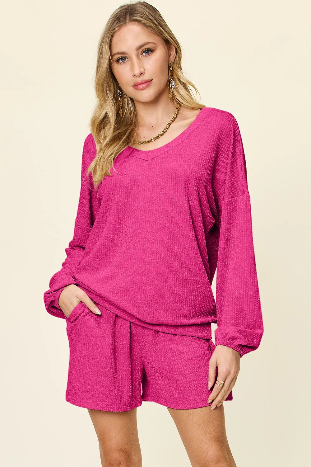 Full Size Texture V-Neck Long Sleeve T-Shirt and Shorts Set, image 2