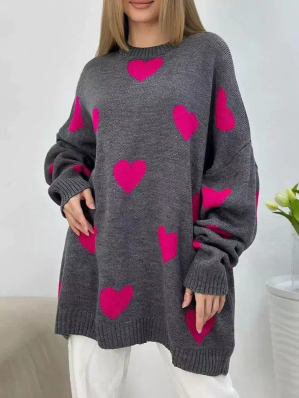 Heart Round Neck Oversized Knit Sweater, image 5