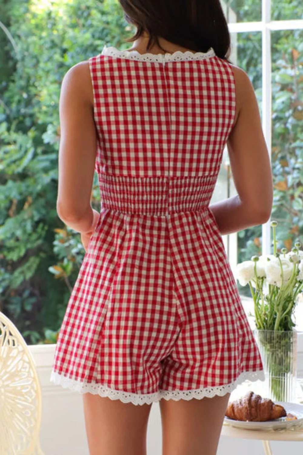 Lace Detail Plaid Sleeveless Romper, image 4