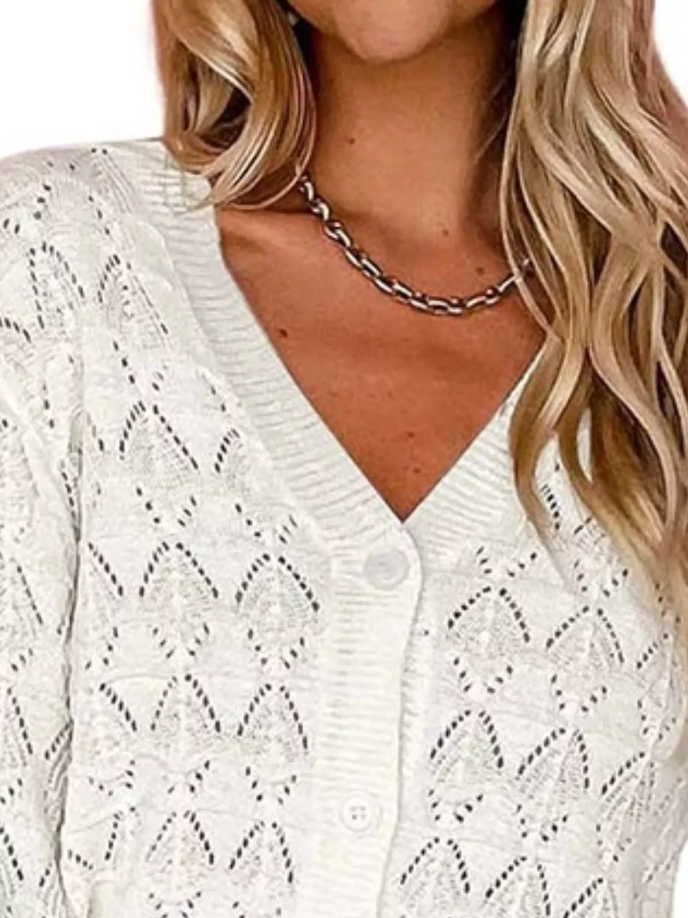 Chic V-Neck Openwork Button-Down Knit Cardigan, image 11