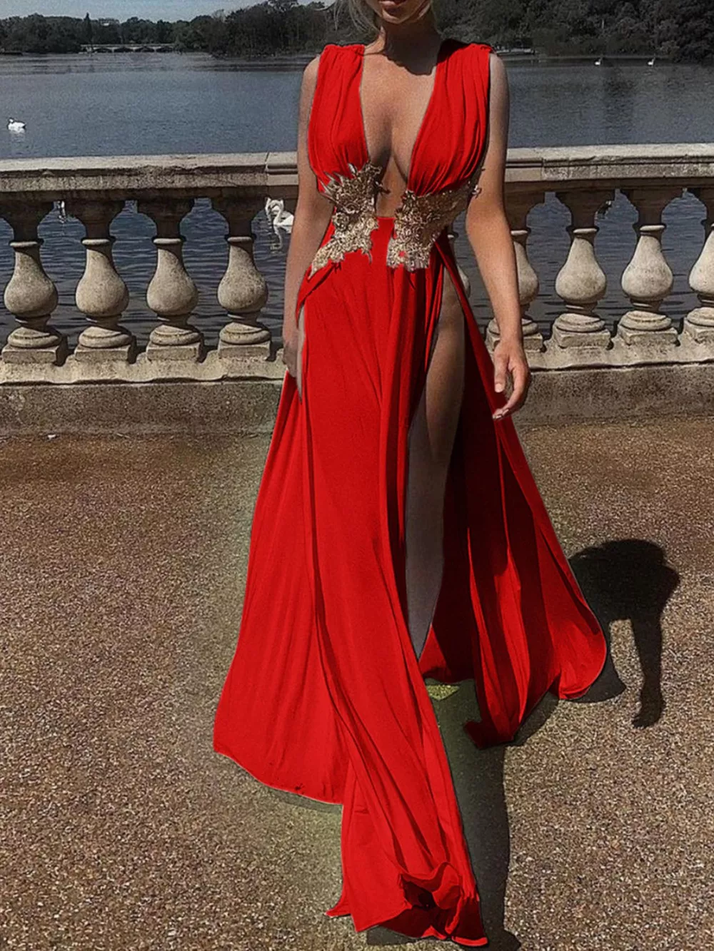 Deep V-Neck High Slit Maxi Dress, image 5