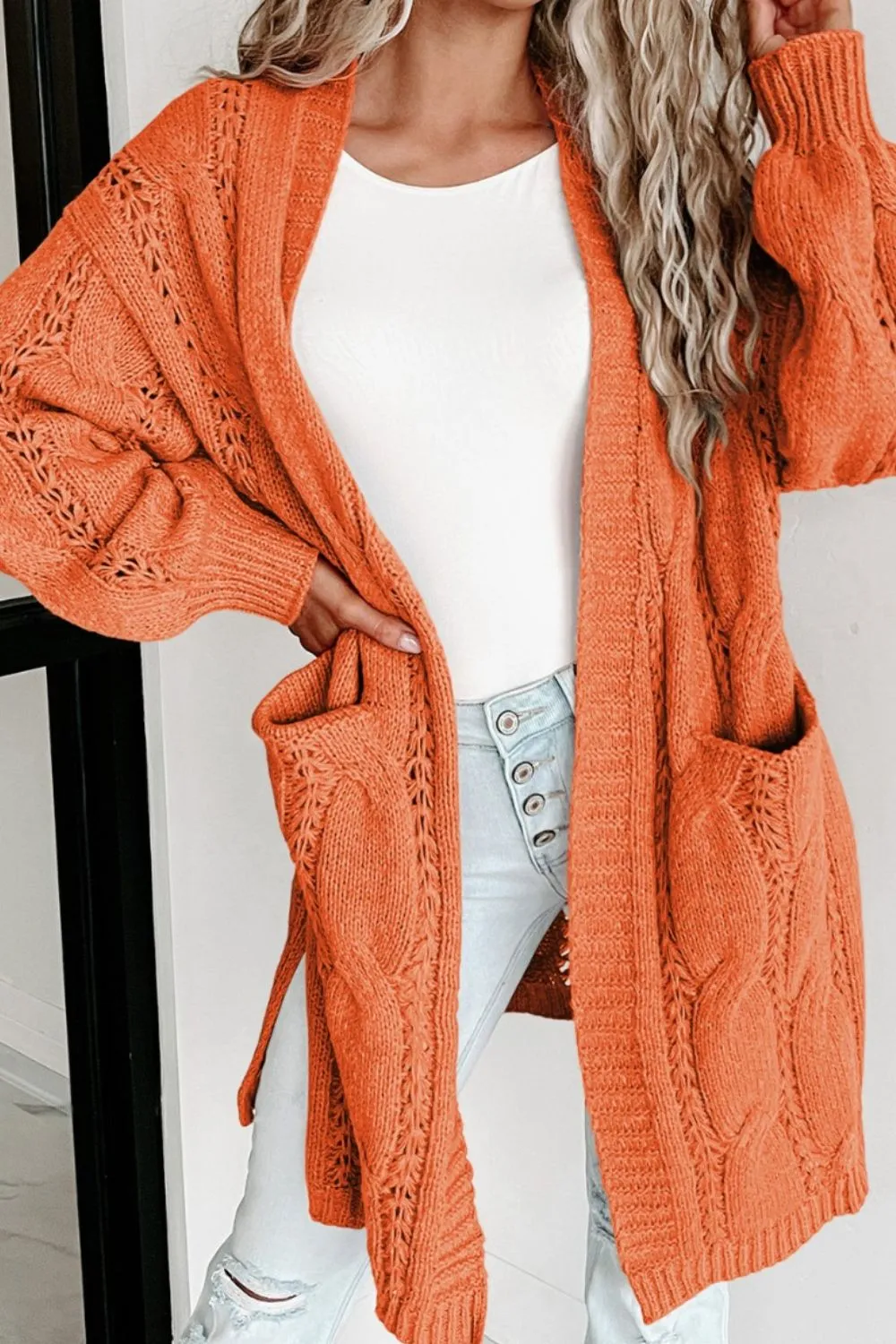 Cable-Knit Dropped Shoulder Slit Cardigan, image 13
