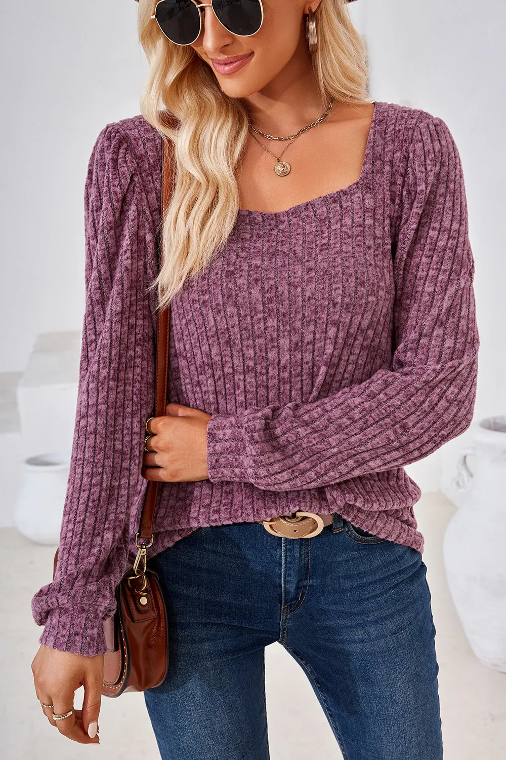 Ribbed Square Neck Long Sleeve T-Shirt, image 23