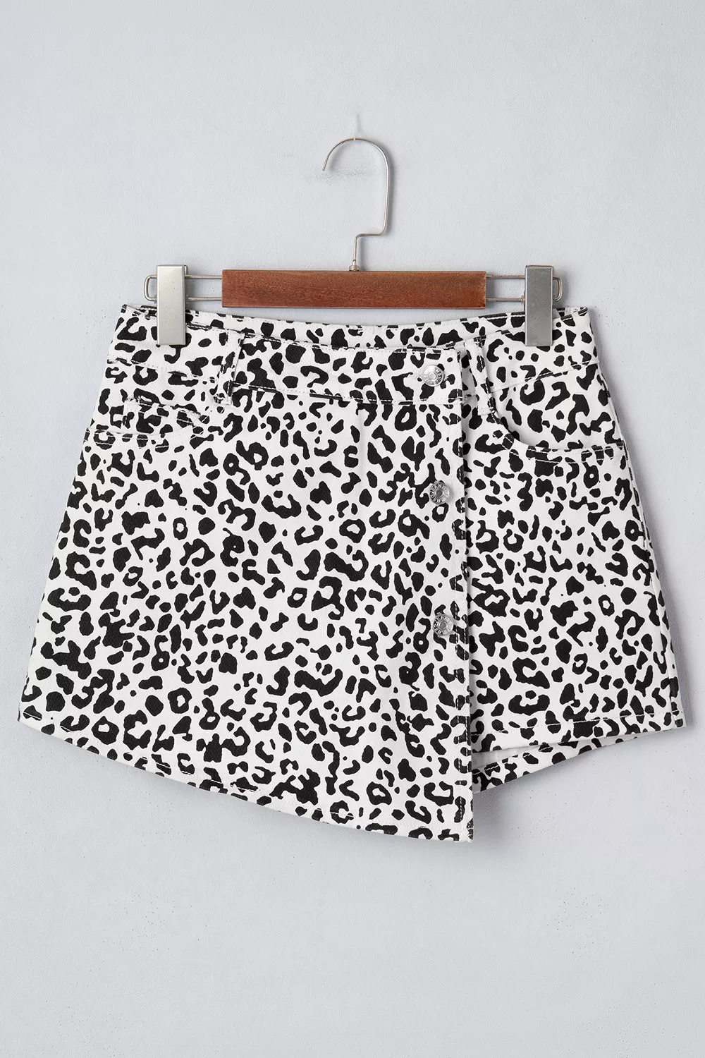 Leopard Print Button Overlap Denim Shorts, image 2