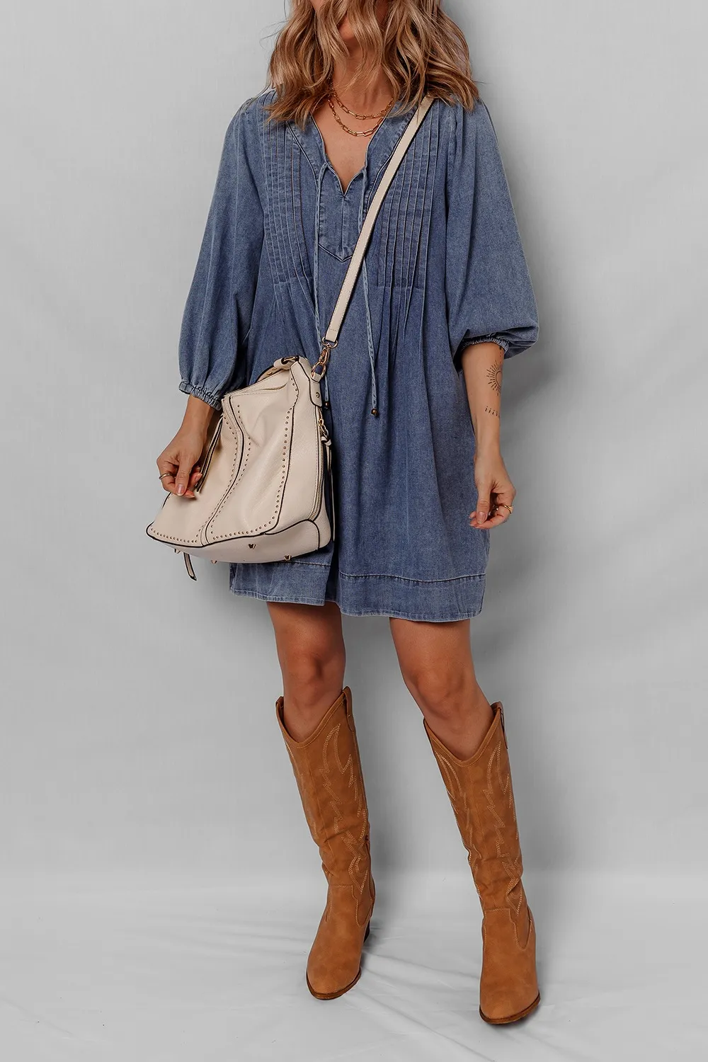 Tie Neck Long Sleeve Mini Denim Dress, image 2