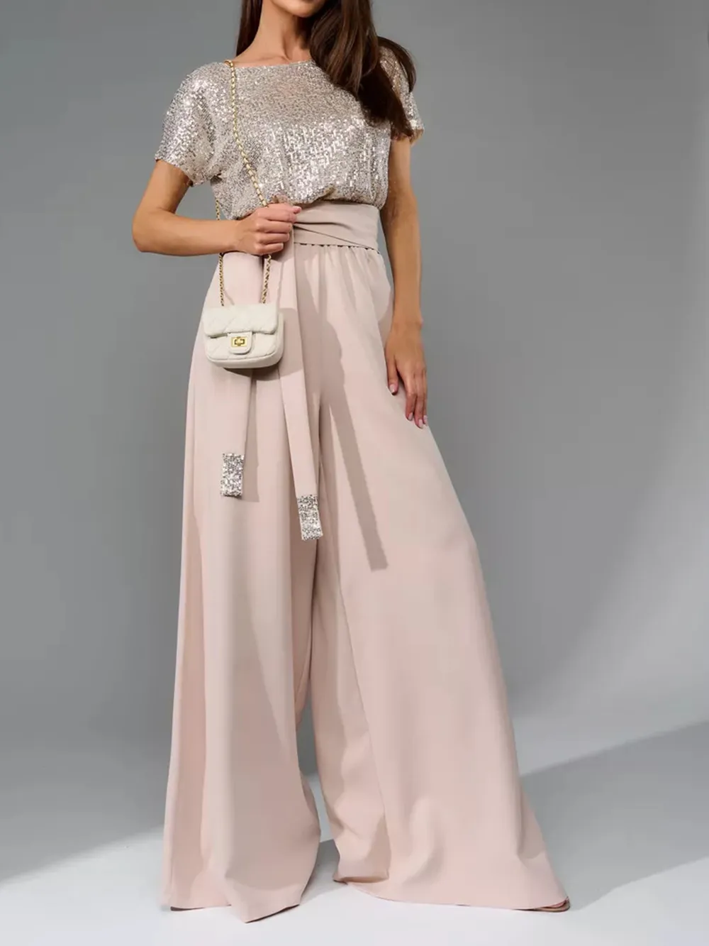 Full Size Sequin Round Neck Short Sleeve Wide Leg Jumpsuit, image 4