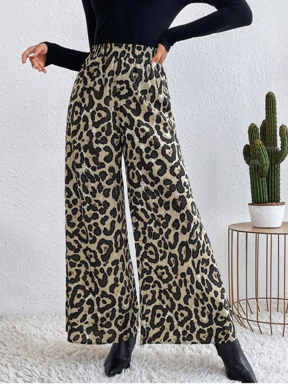 Printed Elastic Waist Wide Leg Pants, image 5