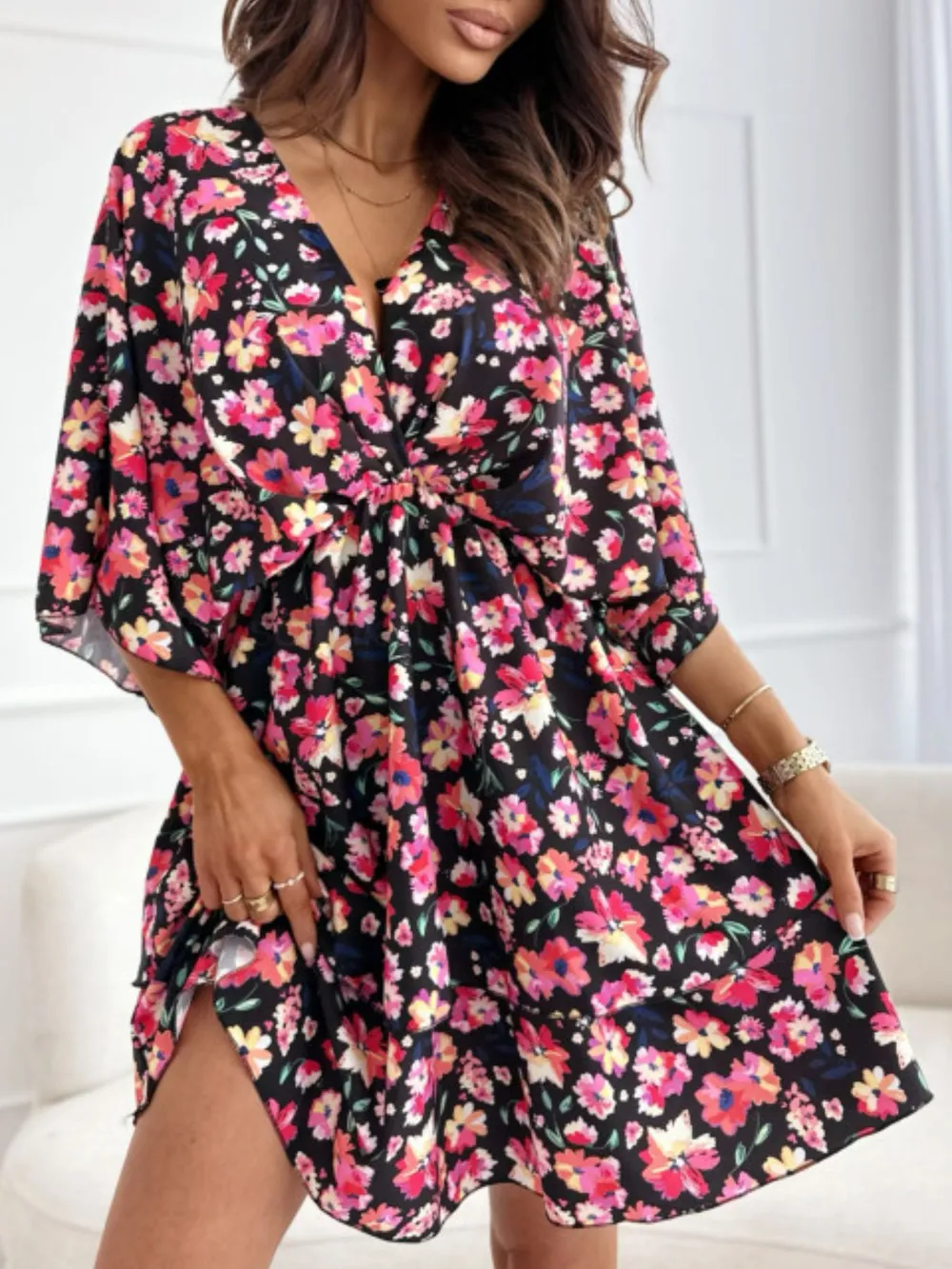 Floral Print V-Neck Ruffle Mini Dress, image 2
