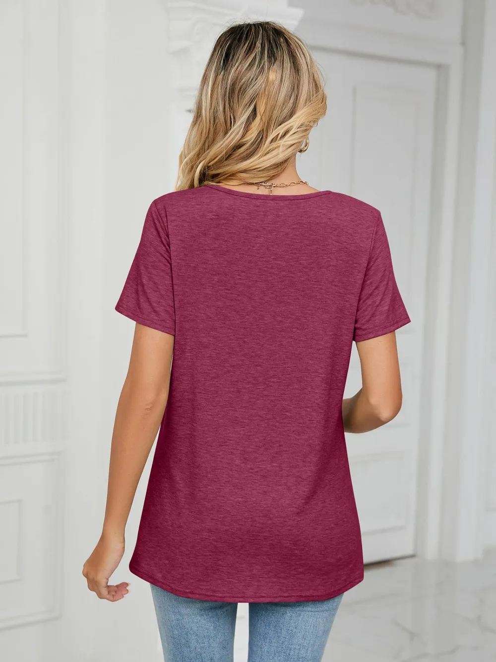 Ruched V-Neck Short Sleeve T-Shirt, image 2