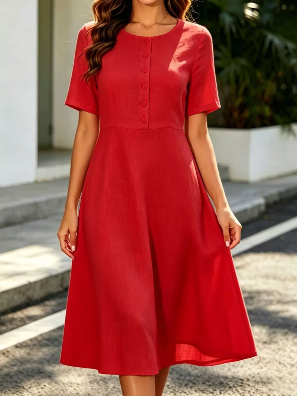 Button Detail A-Line Midi Dress, image 3
