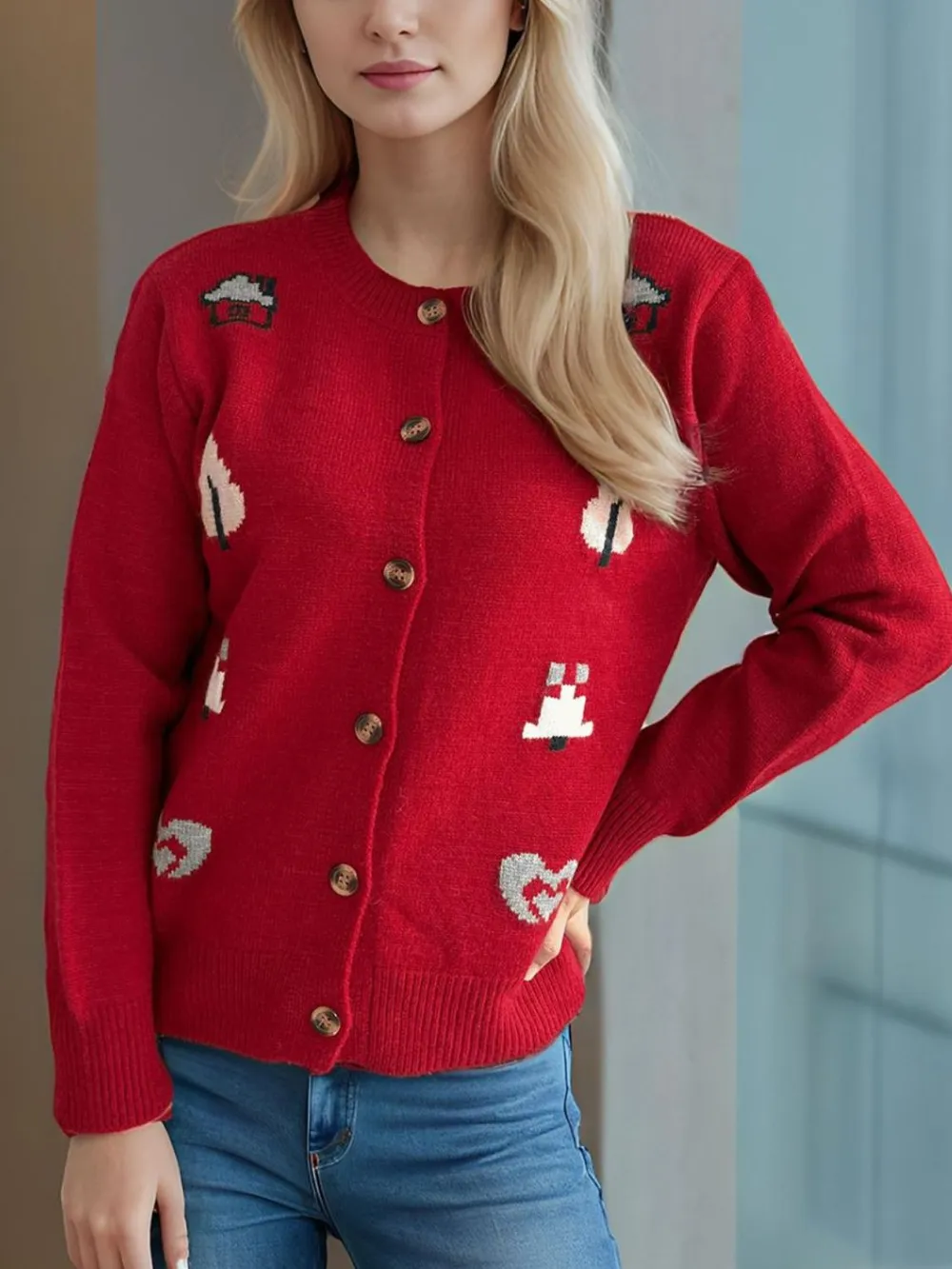 Button Up Round Neck Long Sleeve Cardigan, image 10