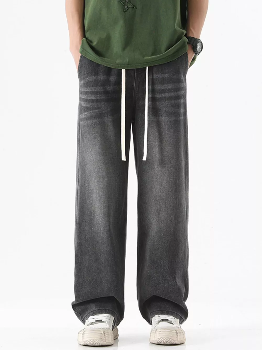 Men's Full Size Drawstring Wash Wide Leg Jeans Plus Size, image 2