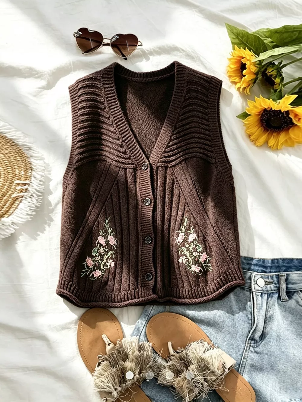 Floral Embroidered V-Neck Button-Down Sweater Vest, image 13