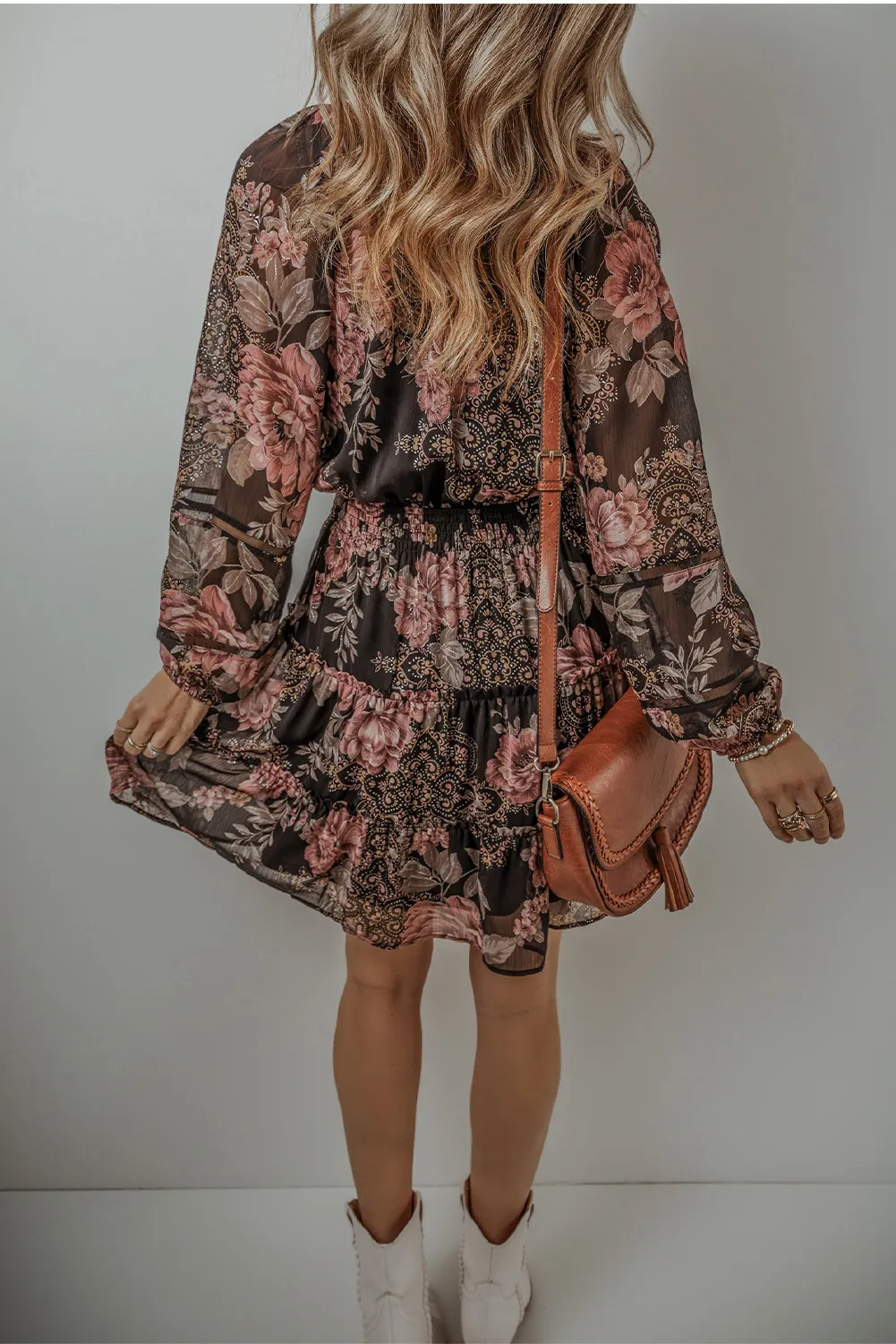 Printed Tie Neck Long Sleeve Mini Dress, image 2