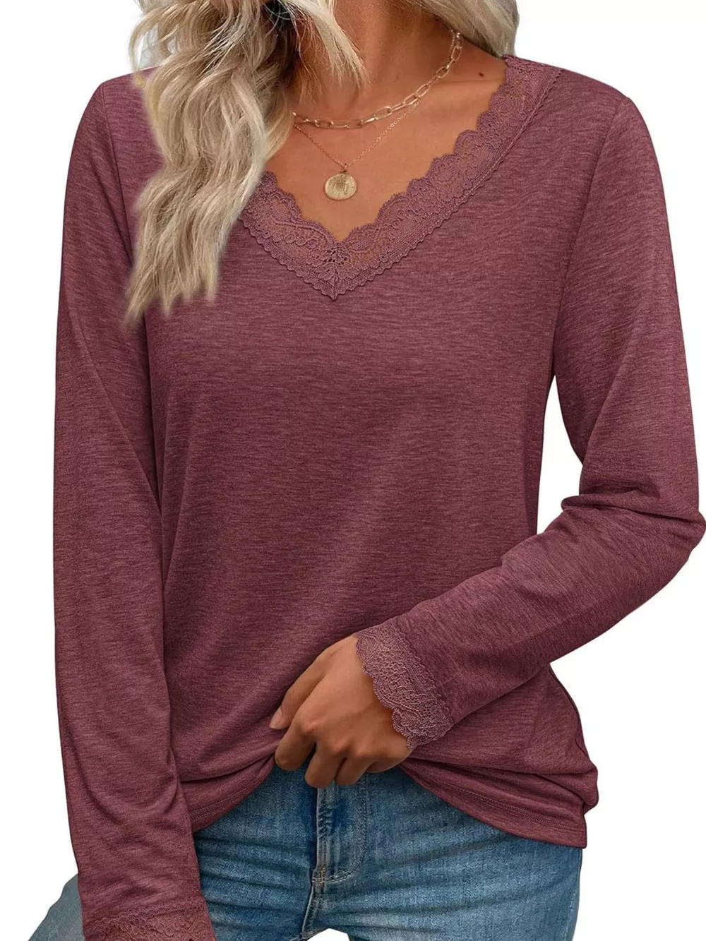Lace Trim V-Neck Long Sleeve T-Shirt, image 2
