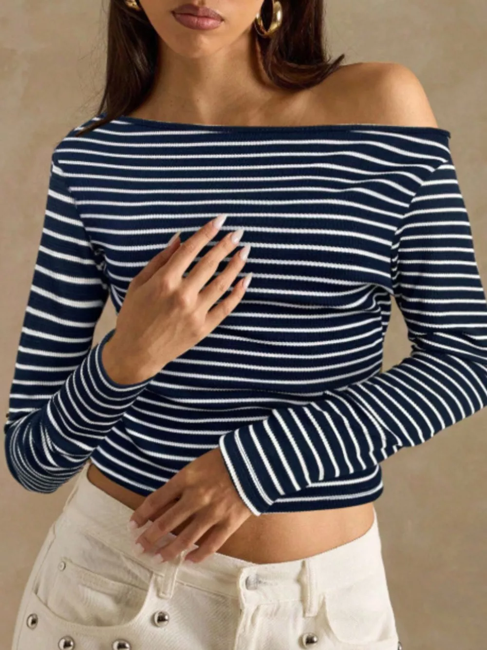 Off-Shoulder Striped Ribbed Long Sleeve T-Shirt, image 18