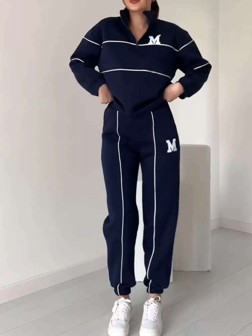 Full Size Striped Quarter Zip Top and Pants Set Plus Size, image 2