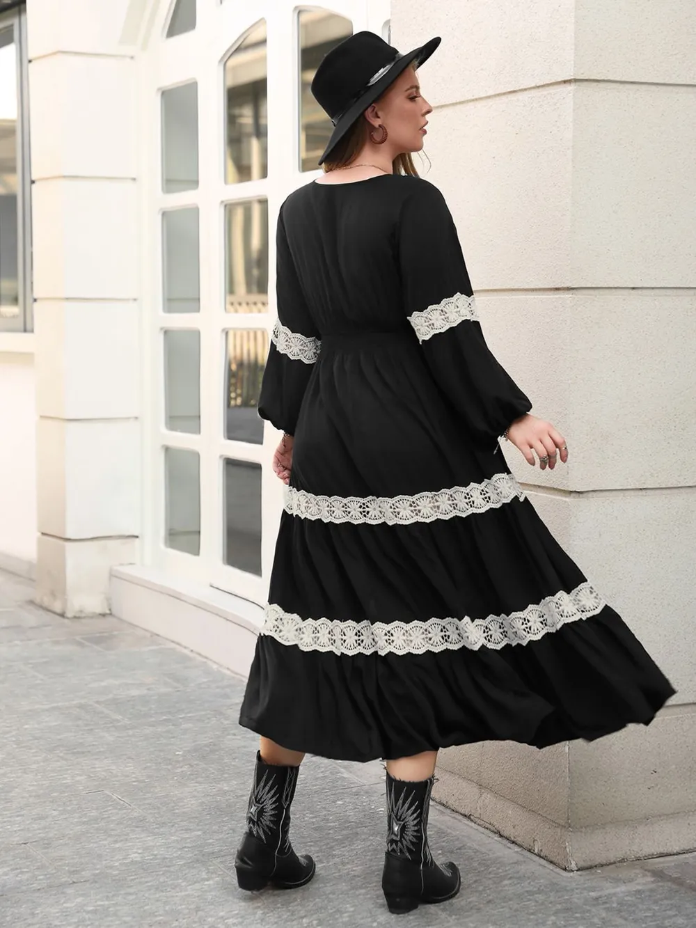 Plus Size Lace Detail V-Neck Long Sleeve Midi Dress, image 2