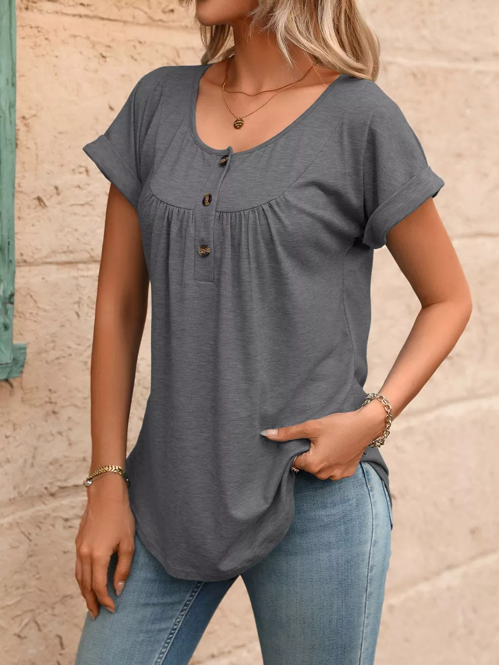 Casual Button Detail Henley T-Shirt, image 32