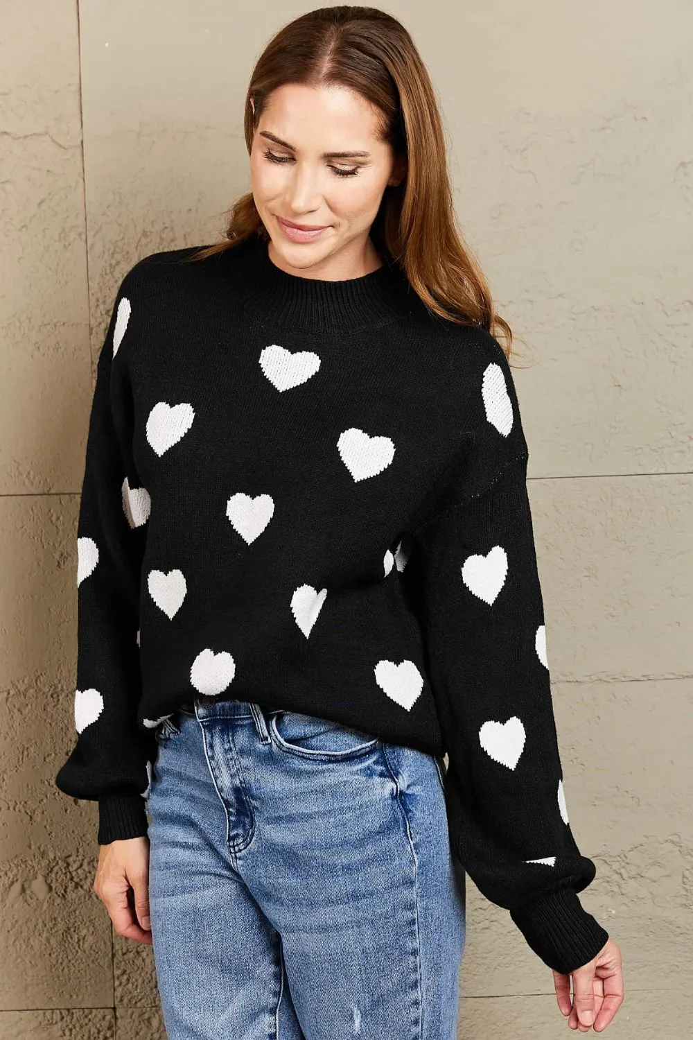 Heart Pattern Lantern Sleeve Round Neck Tunic Sweater, image 3