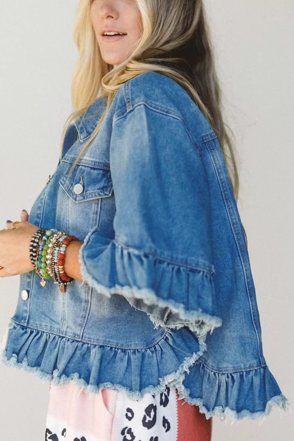 Ruffle Hem Raw Edge Half Sleeve Western Denim Jacket, image 5