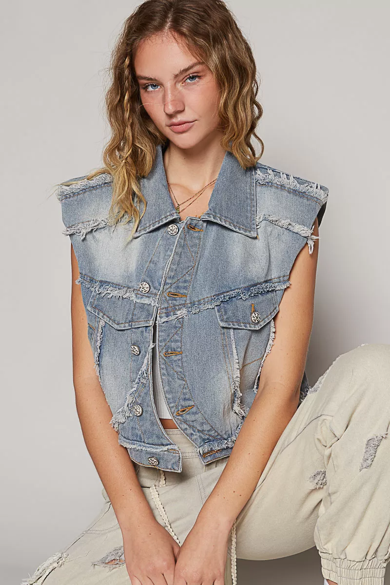 Assymetrical Front Closure Raw Hem Denim Vest, image 2