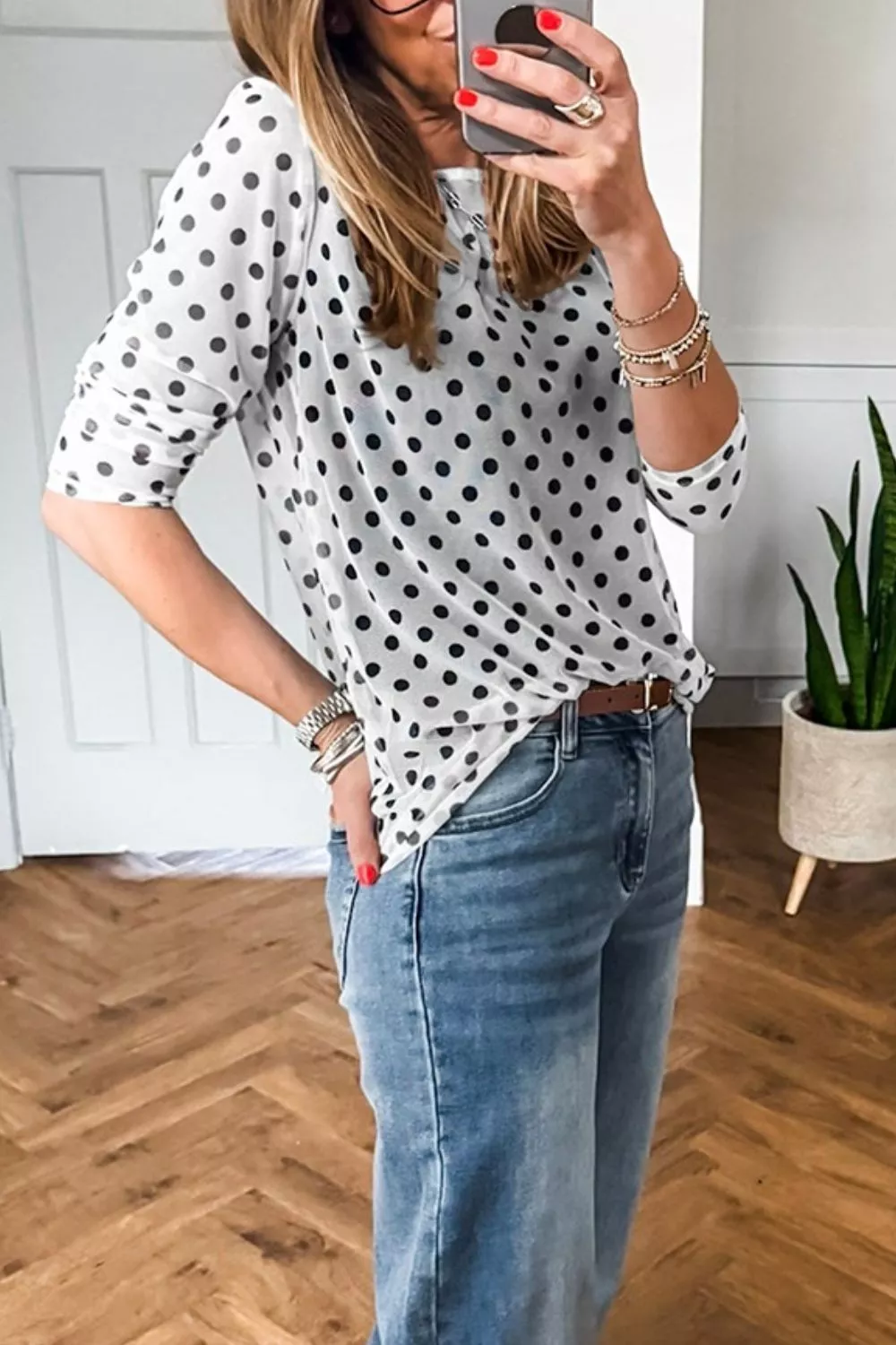 Polka Dot Sheer Mesh Long Sleeve Round Neck Shift Top, image 3