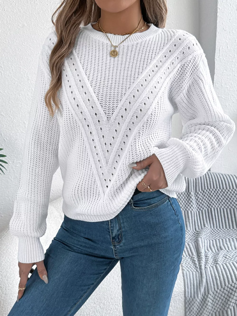 Openwork Round Neck Sweater, image 4
