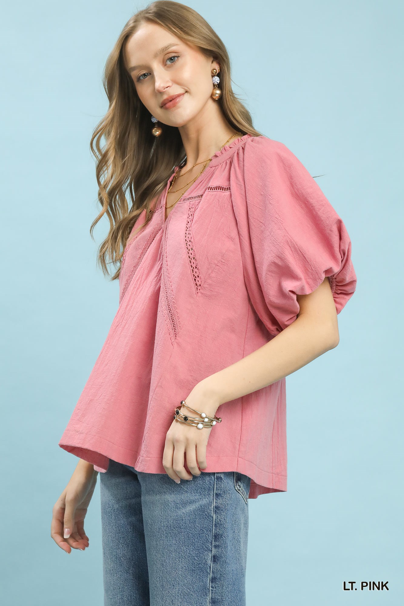 Lace Inset Puff Sleeve Boho Blouse, image 2
