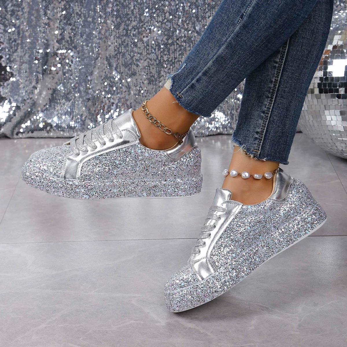 Sequin Lace Up Sneakers, image 4