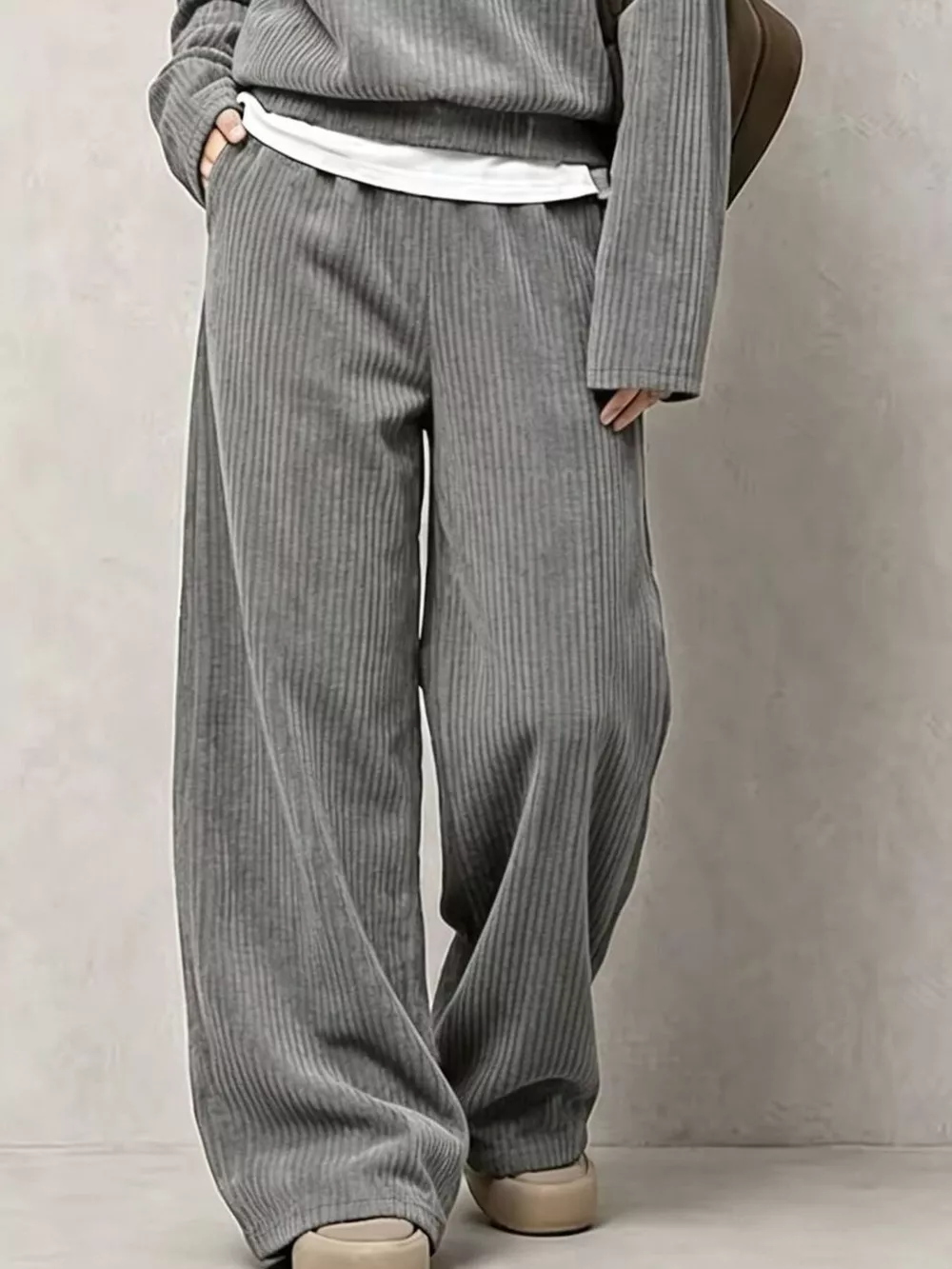 Corduroy Button Detail Top and Wide-Leg Pants Set, image 9