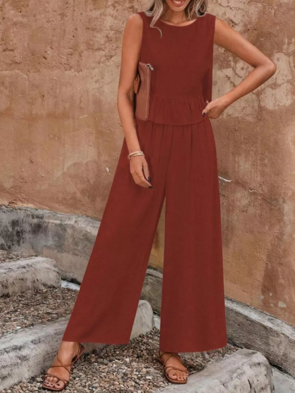 Sleeveless Ruffle Hem Top and Wide Leg Pants Two-Piece Set, image 17