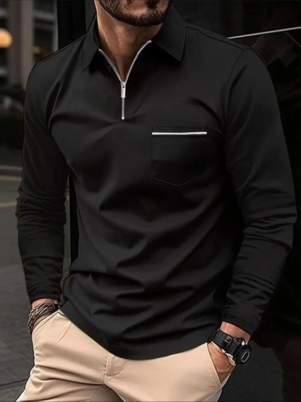 Men's Full Size Collared Neck Long Sleeve Polo Plus Size