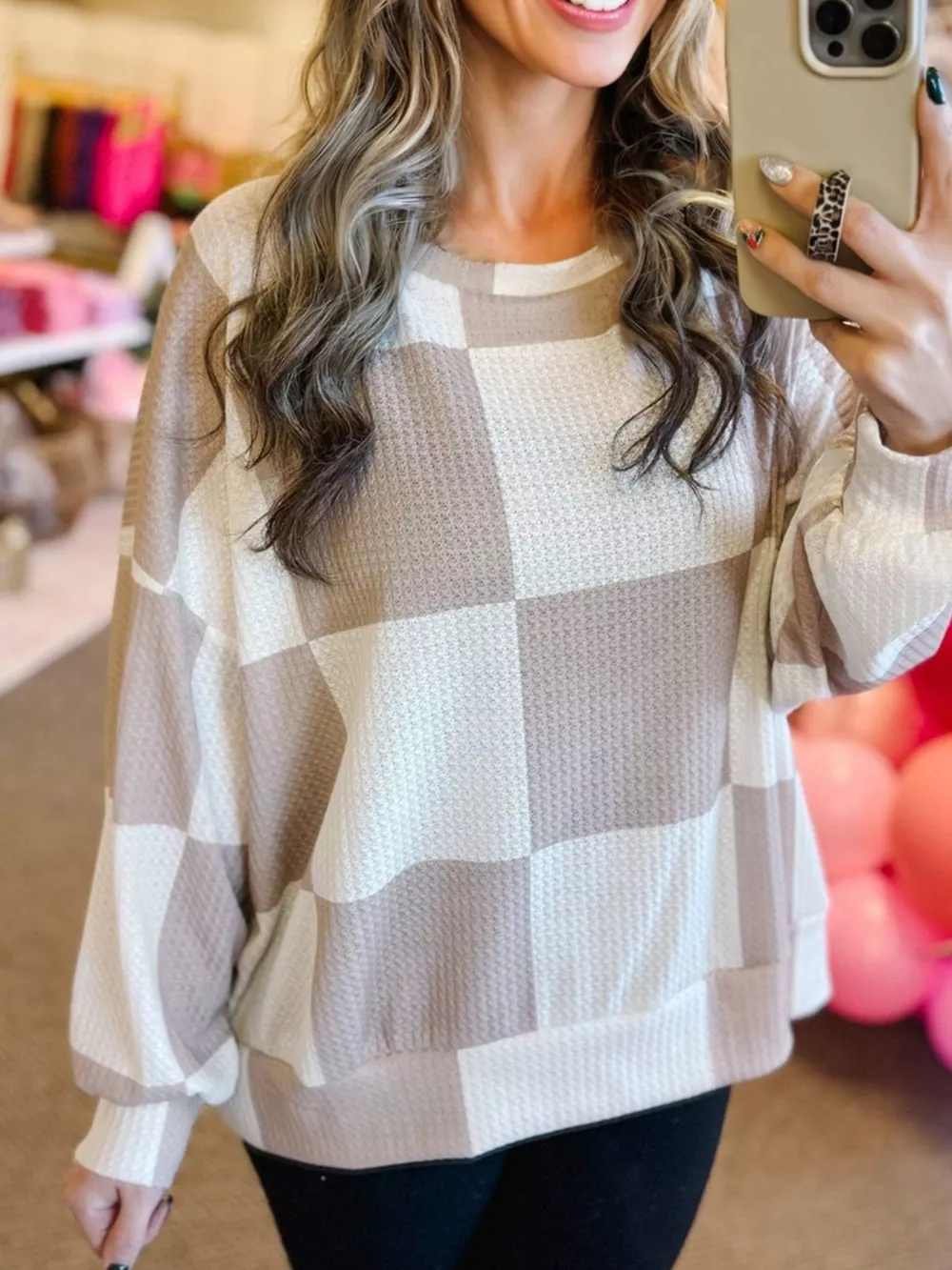 Checkered Breathable Textured Long Sleeve Top, image 2