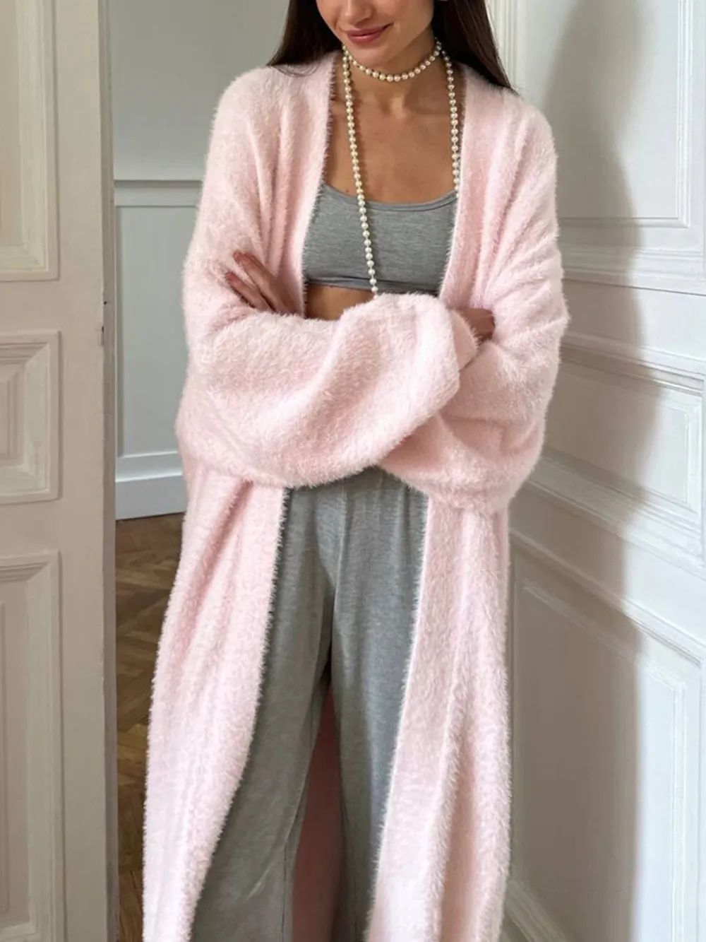 Fuzzy Open Front Solid Color Cardigan, image 14