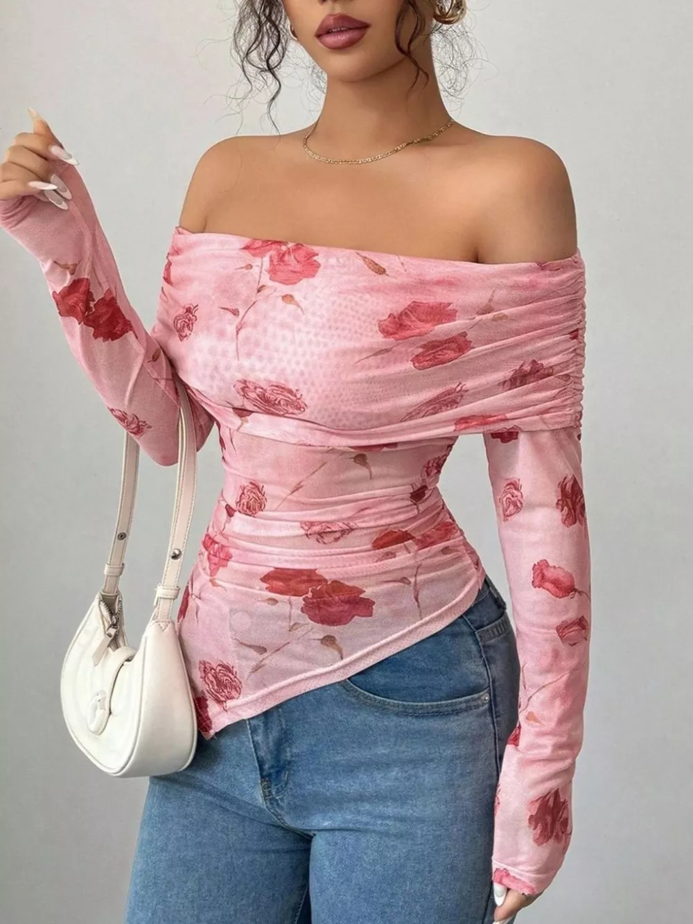 Floral Print Off-Shoulder Mesh Top, image 2